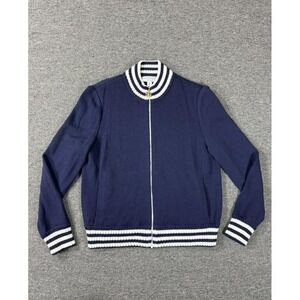 St John Sweater‎ Womens Small Blue White Santana Knit Bomber Varsity Made USA